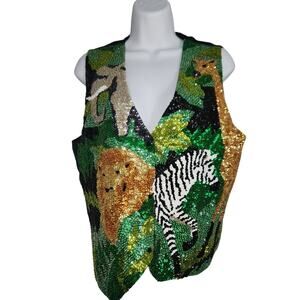 Vintage 80s 90s Sequin Animals Vest With Adjustable Tie In Back Sz M Unisex